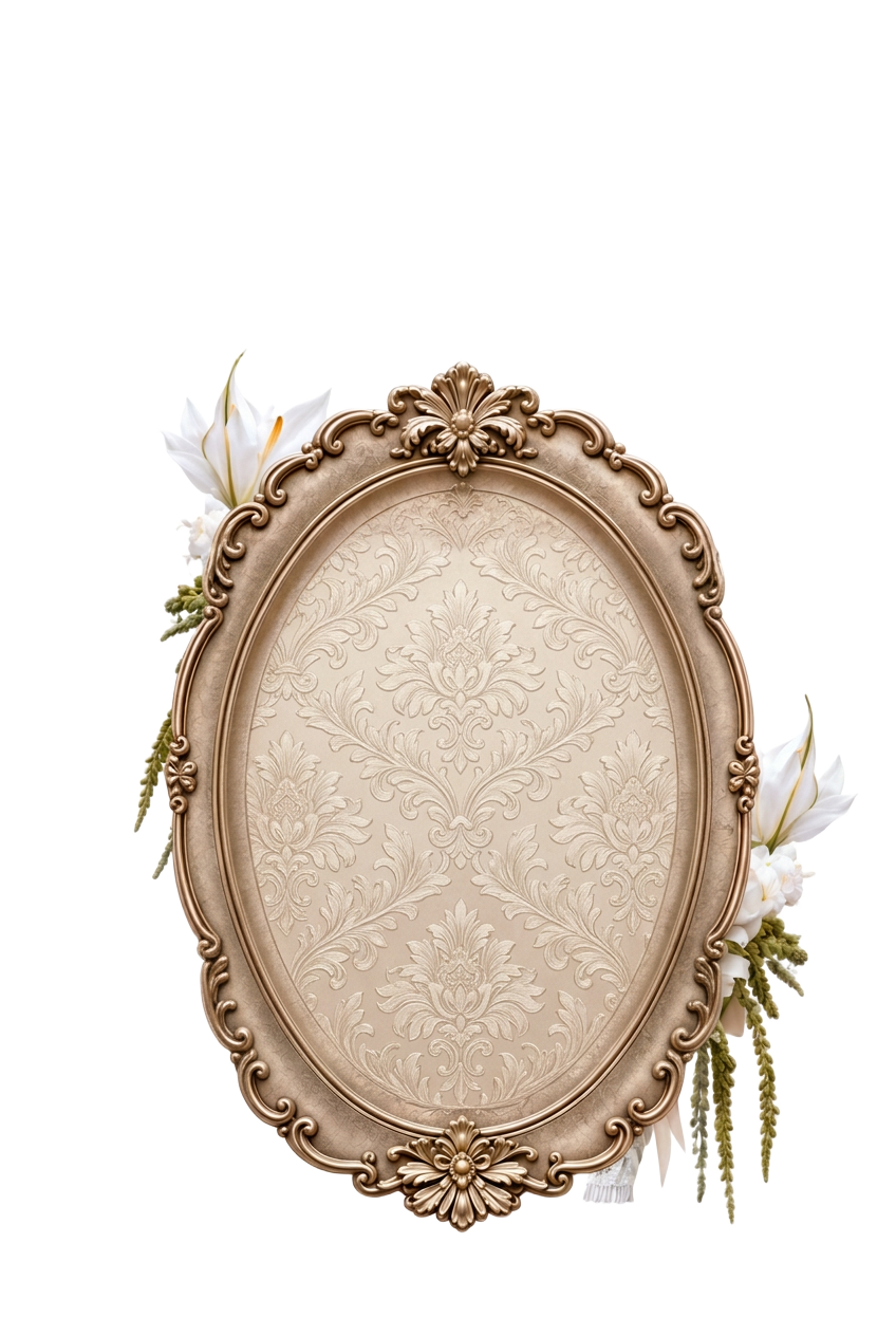 Bronze oval frame with white lilies